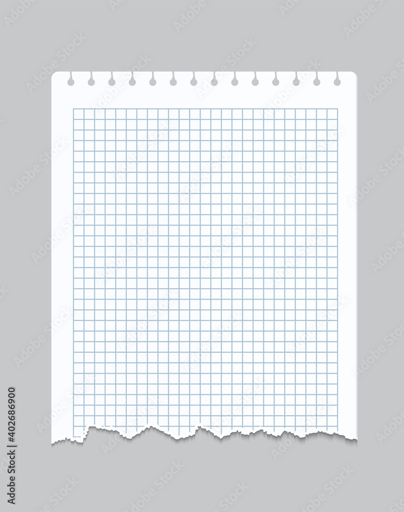 Fototapete Torn notebook page. Realistic checkered sheet of paper with perforated and ragged edges. Isolated blank square notepad fragment for drawing or writing. Vector decorative grunge mockup with copy space
