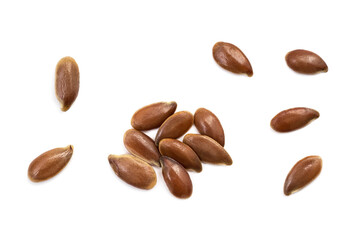 Small group of linseeds or flax seed seen directly from above and isolated on white background