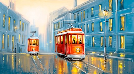 Oil paintings landscape, old tram in old city.  Fine art, masterpieces paintings