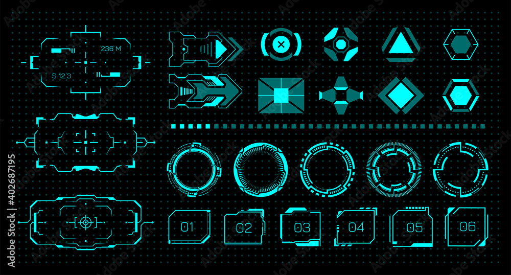 Poster HUD kit. Futuristic virtual game UI. Neon buttons and frames. Modern digital graphic hologram elements for VR menu. Isolated sight and viewfinder. Loading process indicator. Vector interface signs set