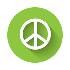 White Peace icon isolated with long shadow. Hippie symbol of peace. Green circle button. Vector.