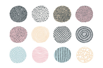 Doodle texture. Abstract hand drawn circles with repeating print. Isolated round shapes and drops or strokes decorative elements. Minimalist background samples. Dotted line and hatching, vector set
