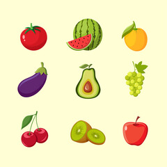 A collection of vector illustrations of fresh fruits and vegetables, such as apple, grape, kiwi, watermelon and eggplant. Perfect for design elements from healthy menu and vitamin source fruits.