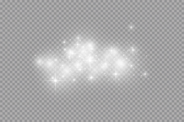 Glow light effect. Vector illustration. Christmas flash dust. White sparks and glitter and snowflakes special light effect. Vector sparkles on transparent background. Sparkling magic dust particles