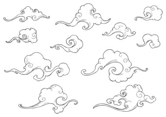 swivel Clouds flow with the wind in the sky with oriental Chinese or Japanese  or Thai drawing doodle style collection set with white background