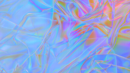 Fototapeta na wymiar Polyethylene. Transparent Rainbow Plastic or Glass. Holographic Rainbow foil. Neon background. Abstract 3D rendering