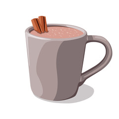 Mug with cocoa and two cinnamon sticks.  Isolated on a white background.  Cozy mood.