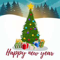 Background with an elegant Christmas tree and gifts under it. The inscription from the bottom of the Happy New Year.  Winter background with a Christmas tree in the forest.  Good New Year spirit
