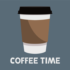 A glass of coffee on a gray background and the inscription on the bottom of the coffee time.  An invigorating drink to start the day.