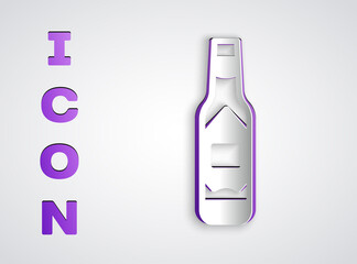 Paper cut Tabasco sauce icon isolated on grey background. Chili cayenne spicy pepper sauce. Paper art style. Vector.