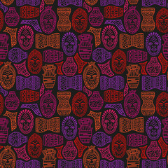 African tribal masks and utensils seamless pattern