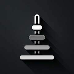 Silver Pyramid toy icon isolated on black background. Long shadow style. Vector.