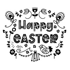 Happy Easter floral lettering in scandinavian style. Seasons Greetings. Postcard, invitation, poster, banner typography.