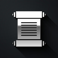 Silver Decree, paper, parchment, scroll icon icon isolated on black background. Long shadow style. Vector.