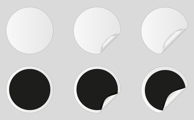 Realistic black and white round paper adhesive stickers with curved corner and shadow, sticker mock up