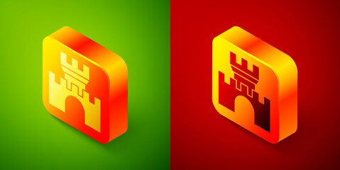 Isometric Castle icon isolated on green and red background. Medieval fortress with a tower. Protection from enemies. Reliability and defense of the city. Square button. Vector.