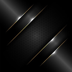 Abstract banner design template black glossy with gold line and lighting effect on dark background and texture