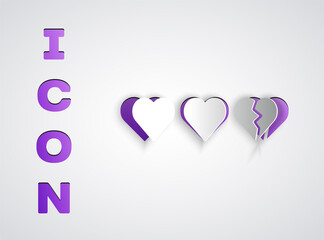 Paper cut Hearts for game icon isolated on grey background. Paper art style. Vector.