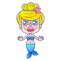 Cartoon beautiful little mermaid in a wreath. Siren. Sea theme. vector illustration