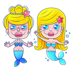 Cartoon beautiful little mermaid in a wreath. Siren. Sea theme. vector illustration