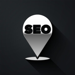 Silver SEO optimization icon isolated on black background. Long shadow style. Vector.