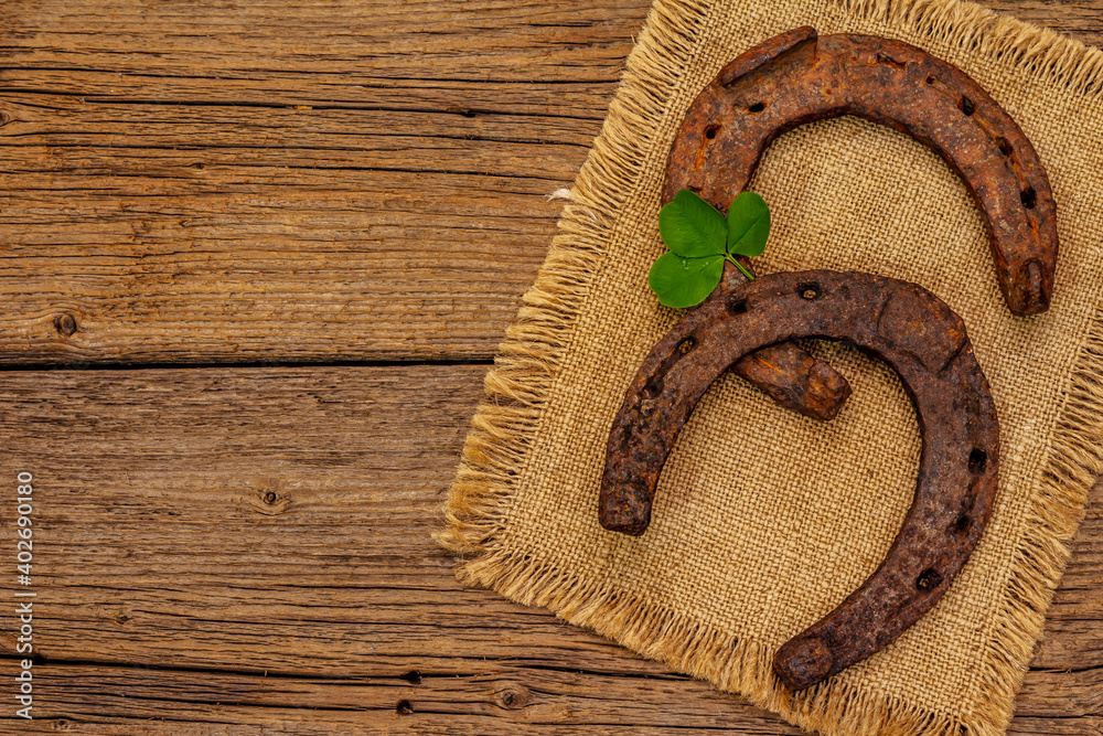 Wall mural Two very old cast iron metal horse horseshoes, fresh clover leaf. Good luck symbol, St.Patrick's Day concept