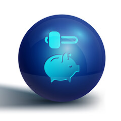 Blue Piggy bank and hammer icon isolated on white background. Icon saving or accumulation of money, investment. Blue circle button. Vector.
