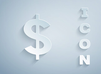 Paper cut Dollar symbol icon isolated on grey background. Cash and money, wealth, payment symbol. Casino gambling. Paper art style. Vector.