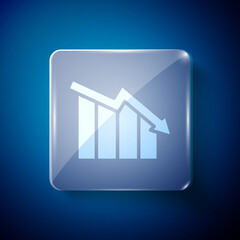 White Financial growth decrease icon isolated on blue background. Increasing revenue. Square glass panels. Vector.