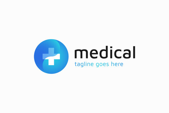 Medical Logo Healthcare Symbol. Blue Circle Shape Globe Symbol with White Cross Sign inside isolated on White Background. Flat Vector Logo Design Template Element.