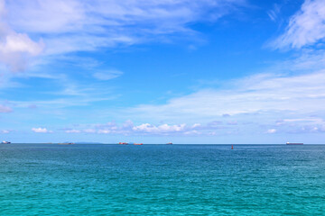 Blue Sea and blue sky with Container ship minimal of cargo ship in the sea minimal style.