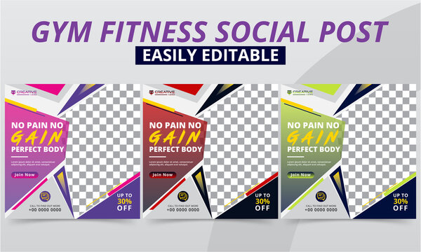 Fitness gym social media post premium vector template design set for Workout studio & club Promo Header & Offer Ads. Modern geometric Sports & Bodybuilding social layouts web banner & square flyer.