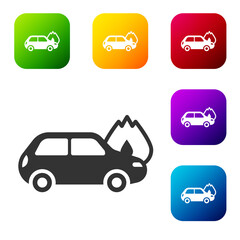 Black Burning car icon isolated on white background. Car on fire. Broken auto covered with fire and smoke. Set icons in color square buttons. Vector.