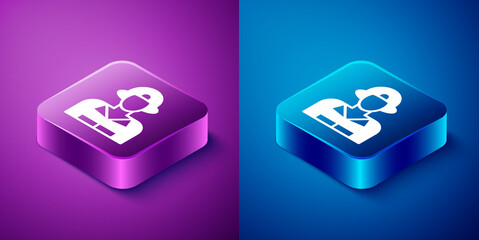 Isometric Firefighter icon isolated on blue and purple background. Square button. Vector.