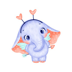 Illustration of a cute cartoon cupid elephant isolated on white background. Valentine's day animals.