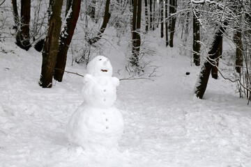 Snowman in a winter forest. Nature after snowfall, cold weather
