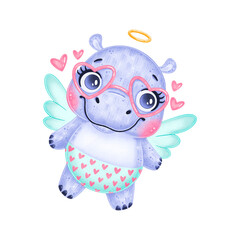 Illustration of a cute cartoon cupid hippo isolated on white background. Valentine's day animals.