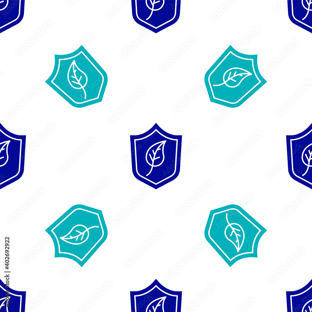 Poster Blue Shield with leaf icon isolated seamless pattern on white background. Eco-friendly security shield with leaf. Vector.