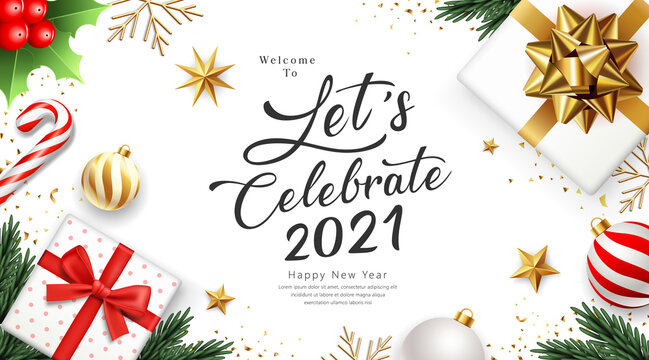 2021 Let's celebrate Happy new year, banner greeting card design on white background, Eps 10 vector illustration