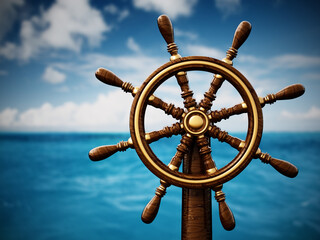 Ship wheel against blue sea and sky. 3D illustration © Destina
