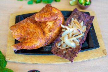 Juicy roasted chicken and meat