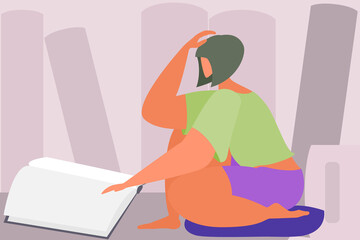 A woman is sitting and reading a large open book. The concept of homework is reading. The girl is dreaming over a book.