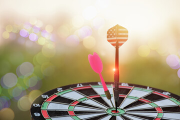 Darts hitting target on Dartboard with bokeh, concept Business investment that rely on precision...