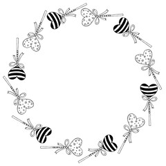 Vector round frame, border from lollipop, gingerbread on stick in shape of heart with bow. Background, decoration for greeting card, invitation, candy shop, valentines day