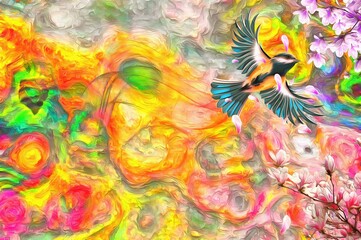 Colorful textural background, flowers branches and a flying  bird, spring concept, 3d illustration
