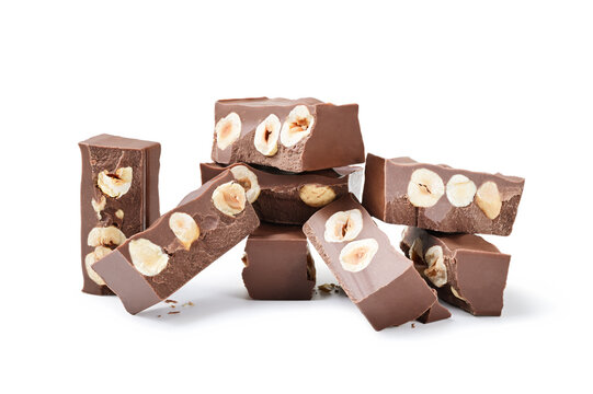 Gianduia nougat with chocolate and hazelnuts isolated on white background.