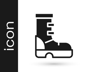 Black Waterproof rubber boot icon isolated on white background. Gumboots for rainy weather, fishing, gardening. Vector.
