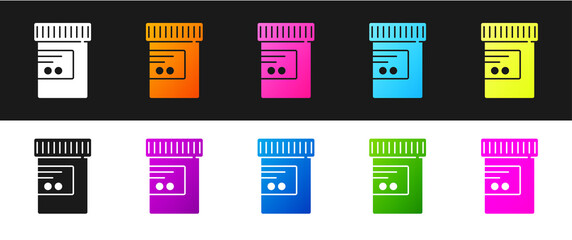 Set Medicine bottle and pills icon isolated on black and white background. Bottle pill sign. Pharmacy design. Vector.