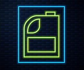 Glowing neon line Canister for motor machine oil icon isolated on brick wall background. Oil gallon. Oil change service and repair. Engine oil sign. Vector Illustration.
