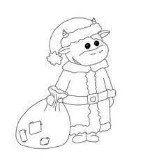 The outline of the bull in a Santa costume, holding a bag of gifts